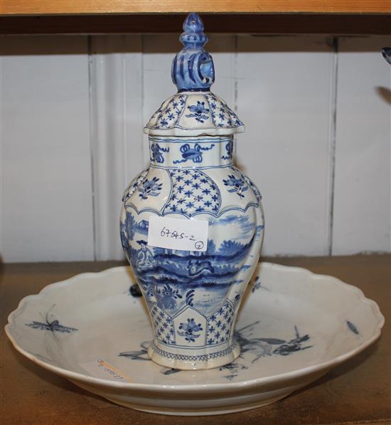 Delft blue and white vase and cover and a Dresden blue and white dish